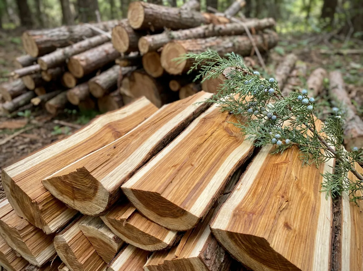 Mature Atlas cedar forest on a Moroccan mountainside with stacked thinned timber