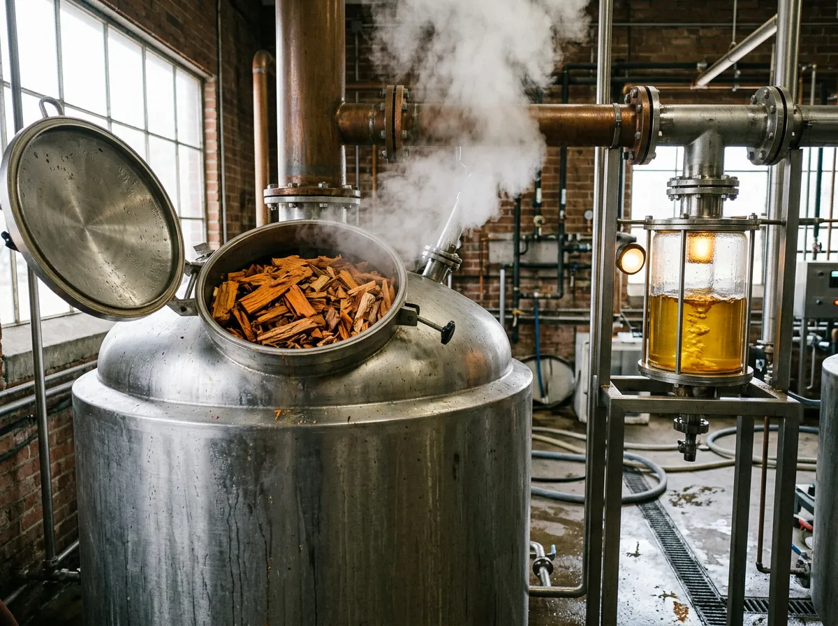 Chipped Atlas cedar heartwood packed into a still in a working distillery